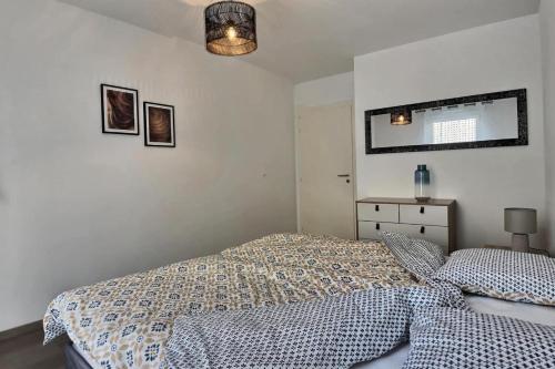 a bedroom with a bed and a mirror on the wall at 50m2 côté Bâle parking inclus in Saint-Louis