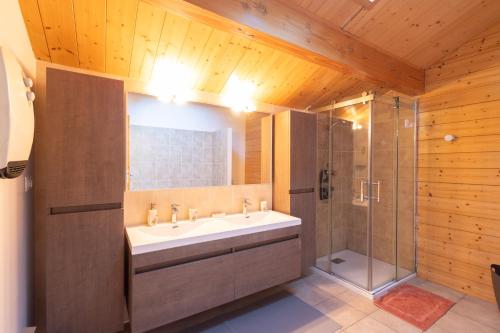łazienka z umywalką i prysznicem w obiekcie Chalet Edliane w mieście Font-Romeu-Odeillo-Via
