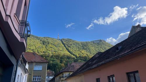 a view of a mountain from between two buildings at Weiss Central Boutique in Braşov