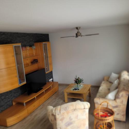 a living room with two couches and a tv at Ferienwohnung Weber in Mühlau