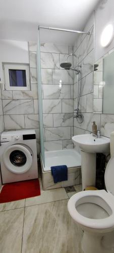 ein Badezimmer mit Toilette, Waschbecken und Waschmaschine in der Unterkunft La Muzeu in Tîrnăveni