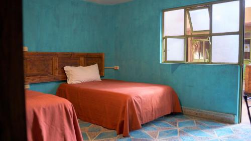 a blue room with two beds and a window at Xelva Hostel & Travel community in San Cristóbal de Las Casas