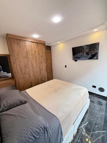 a bedroom with a bed and a tv on the wall at Casa ibague in Ibagué