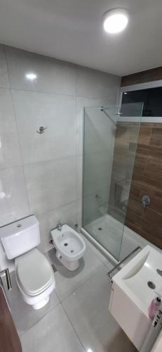 a bathroom with a toilet and a shower and a sink at ADS DEPARTAMENToS 2 in La Plata