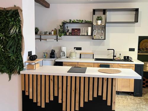 La cachette chic ! في Sainte-Hélène-du-Lac: مطبخ به سطح عمل مغطى بألواح خشبية