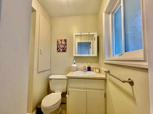 a bathroom with a toilet and a sink and a window at Charming Central Abbotsford Retreat, Cozy Suite in Abbotsford