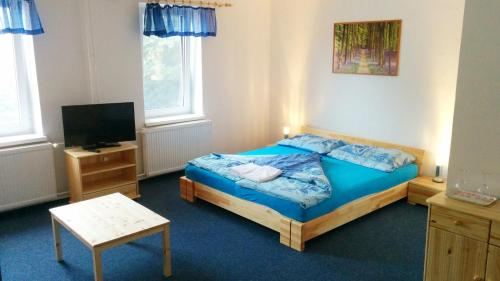1 dormitorio con 1 cama azul y TV en Hostinec U Pejska a Kocicky en Mariánské Lázně