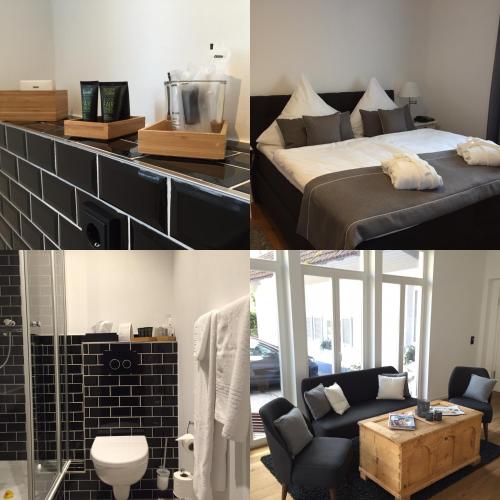 a hotel room with a bed and a bathroom at Steffens Herrnmuehle in Alzenau