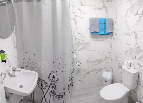 ein Badezimmer mit Duschvorhang, Toilette und Waschbecken in der Unterkunft Cavdarov in Štip