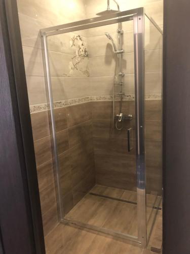 a shower with a glass door in a bathroom at Смерекова хата in Pavlohrad