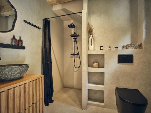 a bathroom with a shower with a sink and a toilet at Chalet Plechovka in Frýdštejn