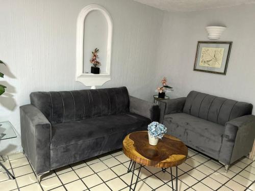 a living room with a couch and a table at Alojamiento en el centro de tlaquepaque in Guadalajara