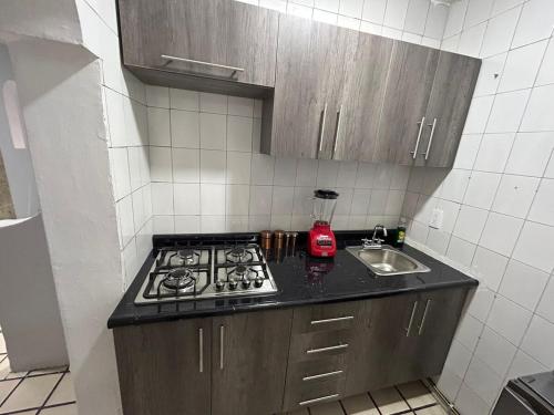 a kitchen with a stove and a sink at Alojamiento en el centro de tlaquepaque in Guadalajara