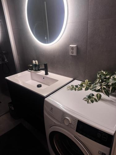 a bathroom with a washing machine and a sink at Modern Flat In Flateby, Enebakk in Flateby