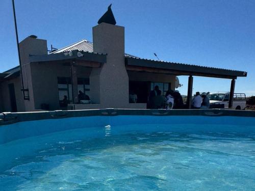 a swimming pool in front of a house at Kwagae farm in Kuruman