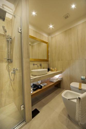 a bathroom with a shower and a sink and a toilet at Residence Casa del Moro in Minerbio