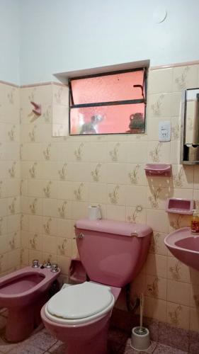 a bathroom with a pink toilet and a sink at Casa Ayres de la Quebrada in Humahuaca