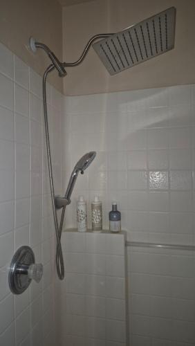 a shower in a bathroom with a shower head at NO DAY OF BOOKING 24 HOURS NOTICE One private Master Efficency Suite Room with Bathroom for one person or couple with a pool breakfast included message here or email Floridastylz74 g mail com in Davenport