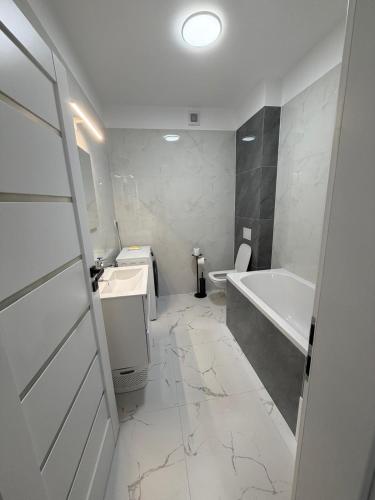 a bathroom with a tub and a toilet and a sink at Deluxe 3 in Timişoara