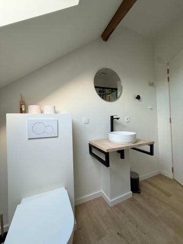 a white bathroom with a sink and a mirror at De Bakelijn in Nieuwpoort