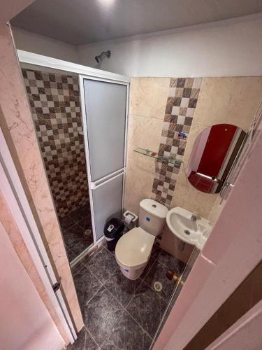 a small bathroom with a toilet and a sink at Hotel Colonial San Felipe in Girón