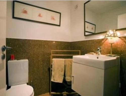 リスボンにあるDuplex do Pipasのバスルーム(白いトイレ、シンク付)