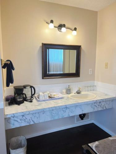 a bathroom with a sink and a mirror at Rivermount Motel in Little Fort