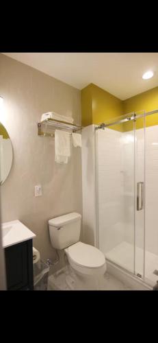 a bathroom with a toilet and a shower at Bright Private Apartment in University City Walk to Drexel&Near UPenn in Philadelphia