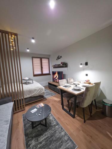 a living room with a bed and a table and a fireplace at Bela Reka 204 in Brzeće