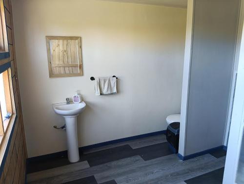 a bathroom with a sink and a toilet at Lomas de Hullinco Lodge in Petanesí Alto