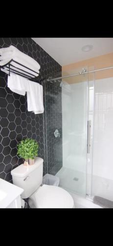 a bathroom with a toilet and a shower with a plant on it at Fresh&Quiet One Bedroom Apartment in University City Walk to Drexel&Near UPenn in Philadelphia