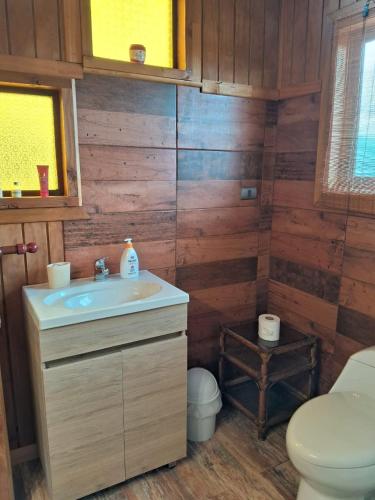 a bathroom with a sink and a toilet at Entre Espinos in Lo Chaparro