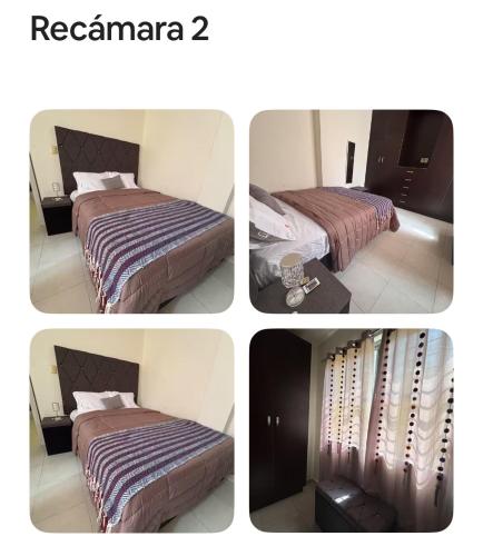 four pictures of a hotel room with two beds at Encantador Departamento Vistahermosa 1 in Tuxtla Gutiérrez
