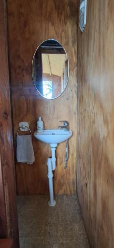 a bathroom with a sink and a mirror at The Clearing - Rustic Wagon by the Sea in Picton