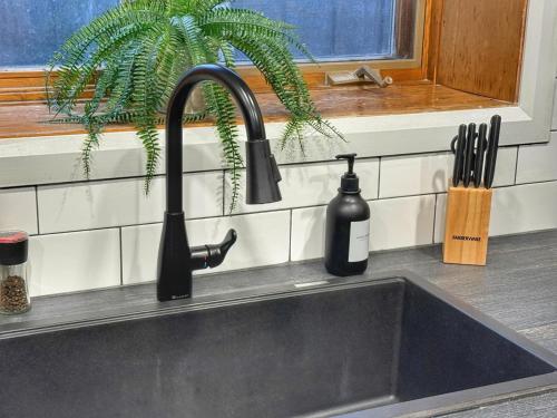 a kitchen sink with a black kitchen faucet at La Pergola-4 in Quebec City