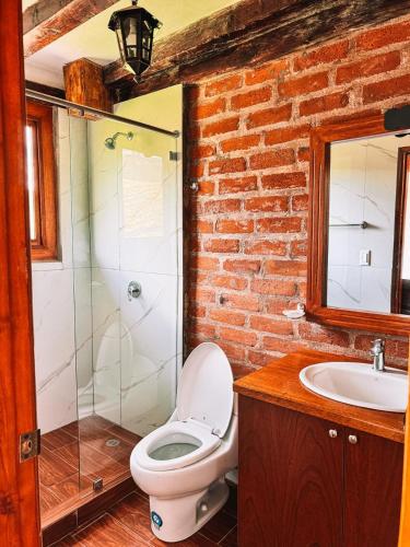 a bathroom with a toilet and a shower and a sink at Solarium Cabaña in Riobamba