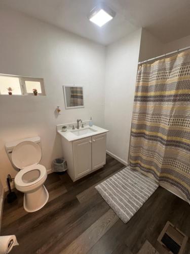 a bathroom with a toilet and a sink and a shower at Near Red Mountain park in Mesa