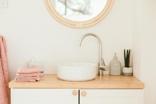 a bathroom counter with a sink and a mirror at Franklin's Place in Belmont