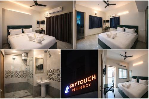 two pictures of a hotel room with two beds at Skytouch Residency-OMR in Chennai