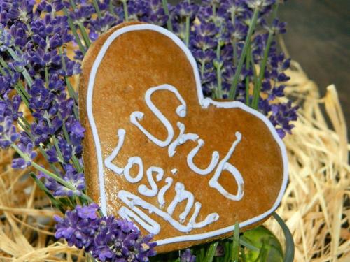 a heart shaped sign in a bouquet of purple flowers at Srub Losiny in Velké Losiny