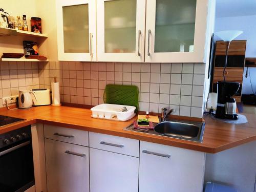 a kitchen with a sink and a counter top at Fewo 1 im Fischerhaus mit Wintergarten und Terrasse in Seedorf