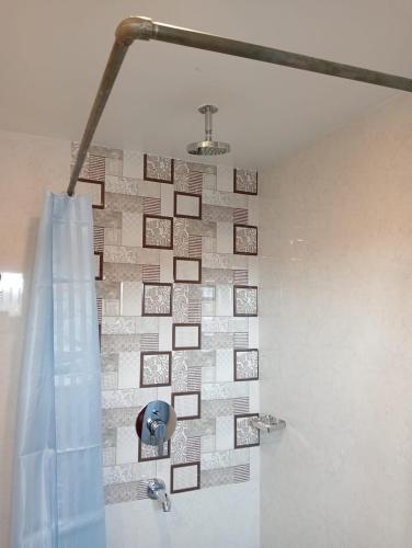 a bathroom with a shower curtain and a tile wall at New Summit Guest House in Pokhara