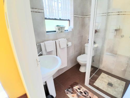 a small bathroom with a toilet and a sink at Meerkat Manor on Main in Clarens