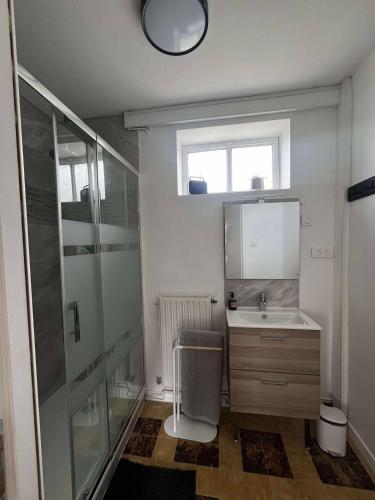 a bathroom with a sink and a shower at Chez Claire et Olivier in Nabringhen