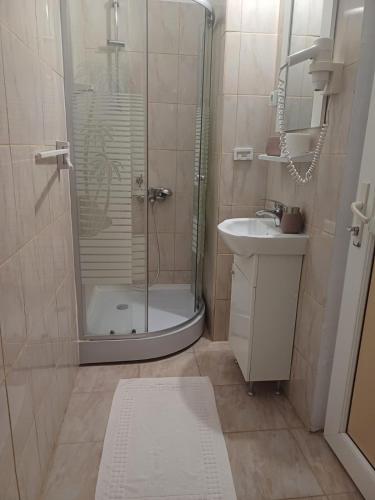 a bathroom with a shower and a sink at Vila Puskin - Eforie Sud in Eforie Sud