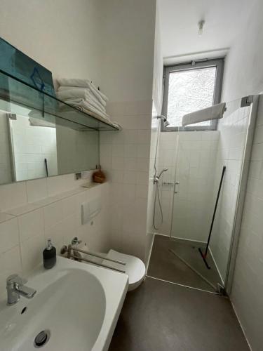 a bathroom with a sink and a toilet and a mirror at Room Art Lovers in Marmagen