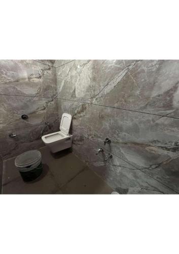 a bathroom with a toilet in a stone wall at Grey Stone Farm House in Surat