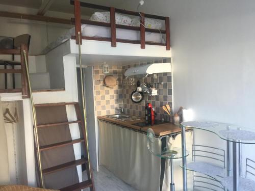 a kitchen with a loft bed and a kitchen with a sink at Chez Nahiko STUDIO Paris Massy Palaiseau in Palaiseau