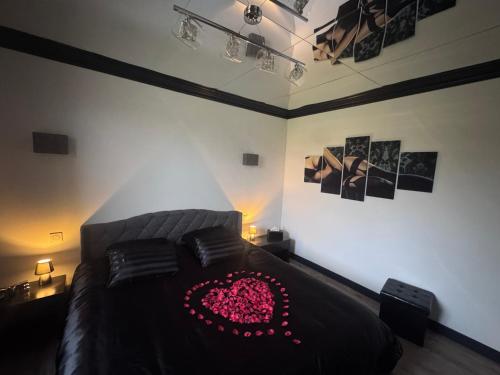 a bedroom with a black bed with a red heart on it at Loveroom Montargis in Montargis