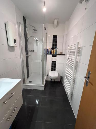 a bathroom with a shower and a toilet and a sink at Kenny's place in Essen